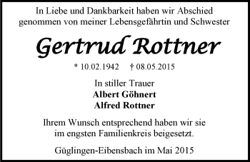 Traueranzeige von Gertrud Rottner 