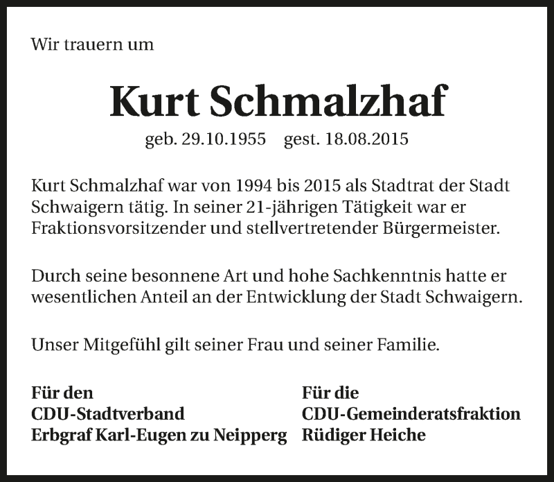 Traueranzeige für Kurt Schmalzhaf vom 20.08.2015 aus 