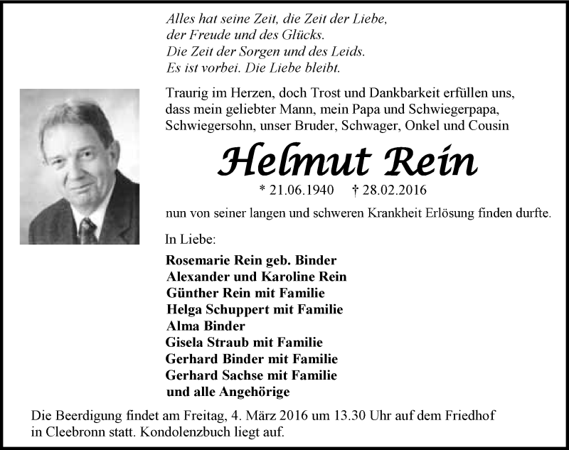  Traueranzeige für Helmut Rein vom 01.03.2016 aus 