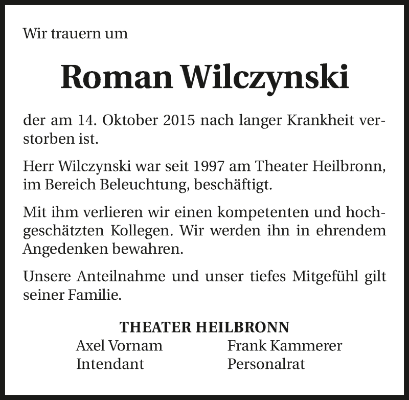  Traueranzeige für Roman Wilczynski vom 21.10.2015 aus 