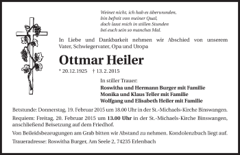 Traueranzeige von Ottmar Heiler 