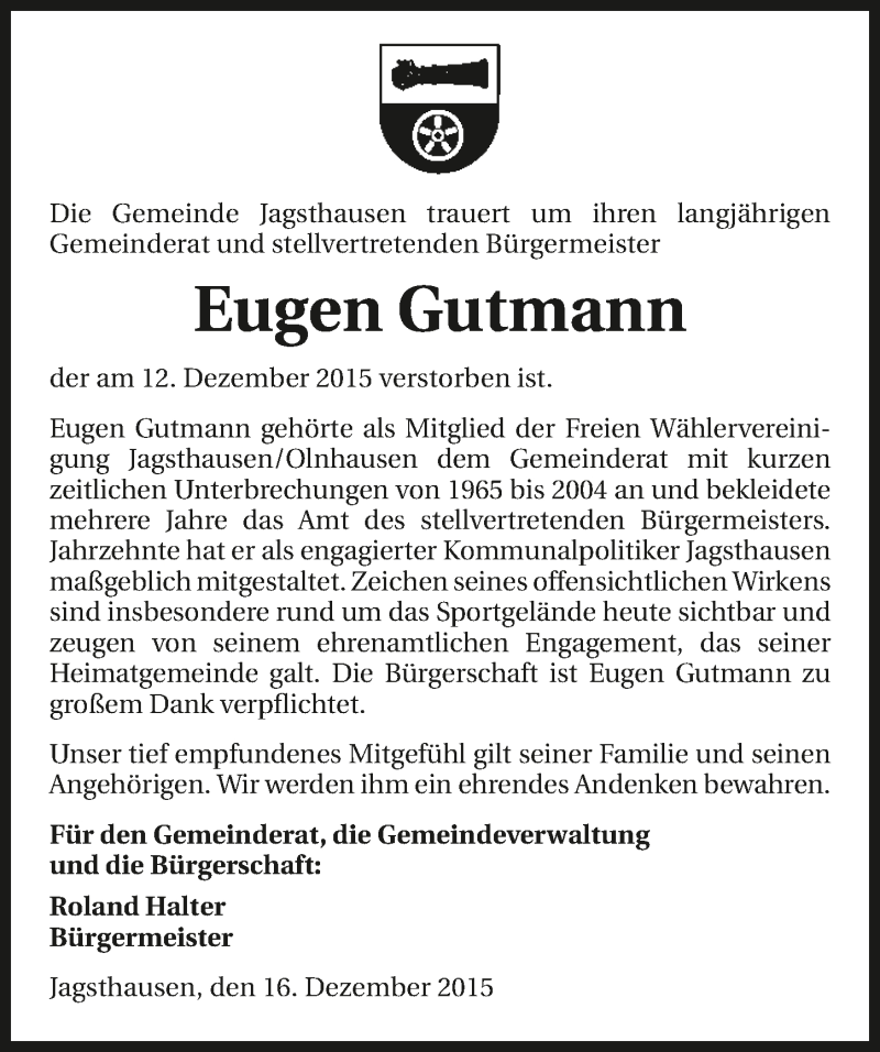  Traueranzeige für Eugen Gutmann vom 16.12.2015 aus 