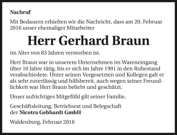 Traueranzeige von Gerhard Braun 