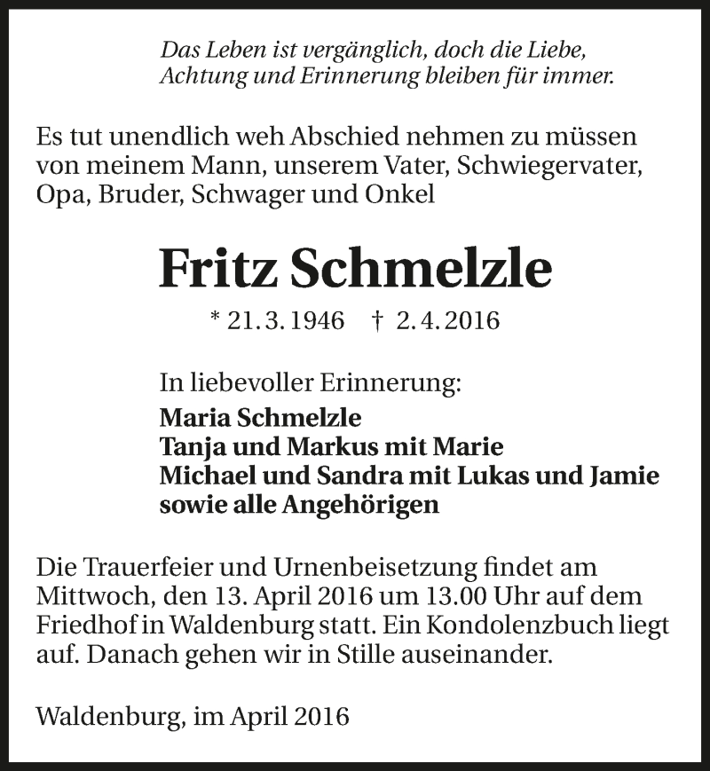  Traueranzeige für Fritz Schmelzle vom 09.04.2016 aus 