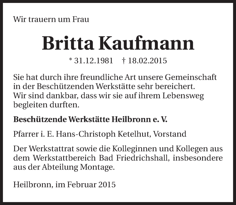  Traueranzeige für Britta Kaufmann vom 24.02.2015 aus 