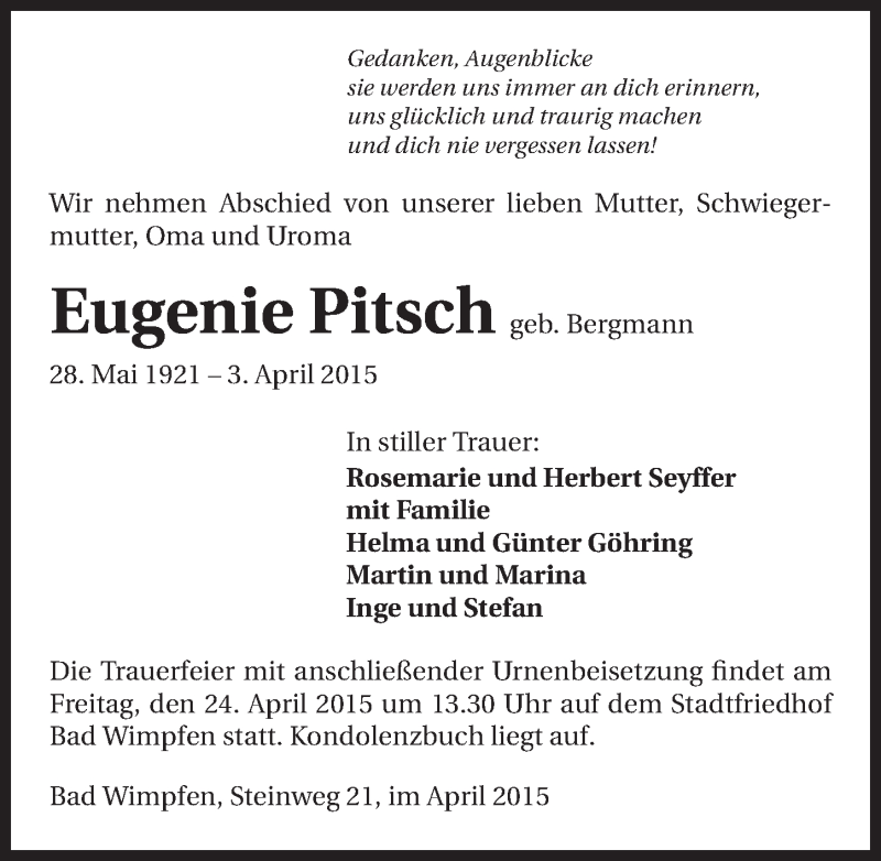  Traueranzeige für Eugenie Pitsch vom 17.04.2015 aus 
