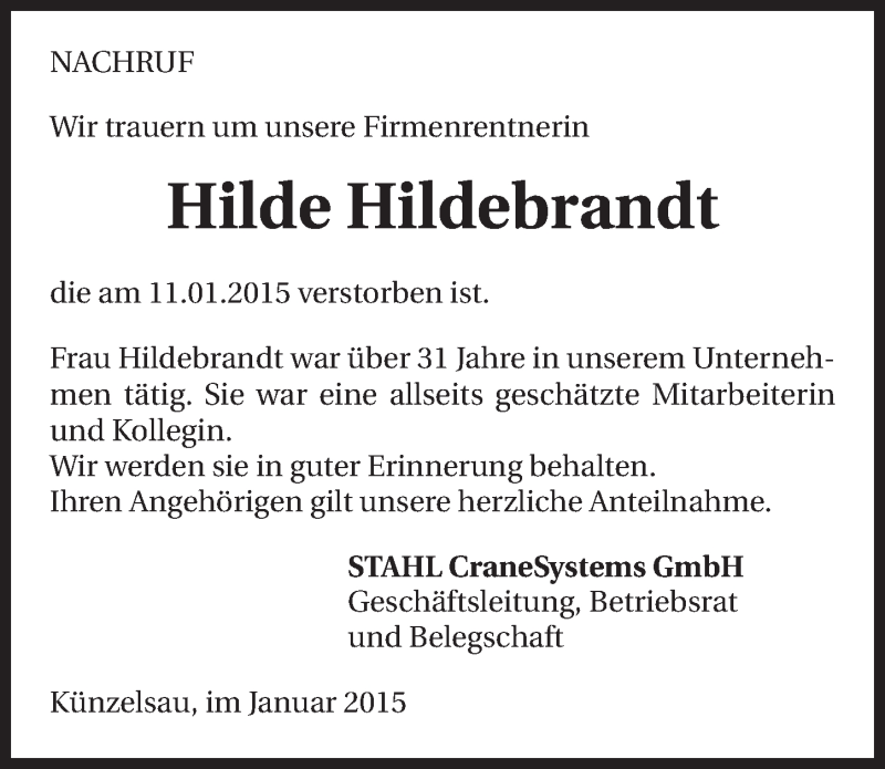  Traueranzeige für Hilde Hildebrandt vom 15.01.2015 aus 