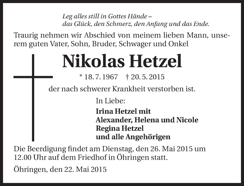  Traueranzeige für Nikolas Hetzel vom 22.05.2015 aus 
