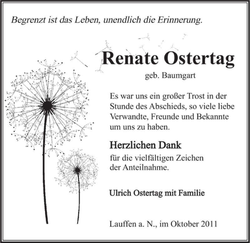  Traueranzeige für Renate Ostertag vom 20.10.2011 aus 