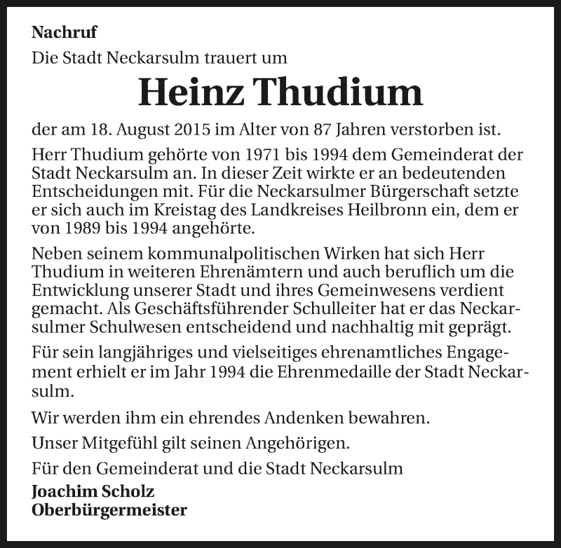  Traueranzeige für Heinz Thudium vom 21.08.2015 aus 