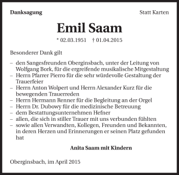 Traueranzeige von Emil Saam 