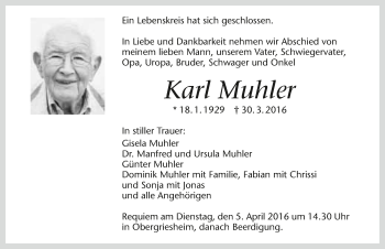 Traueranzeige von Karl Muhler 