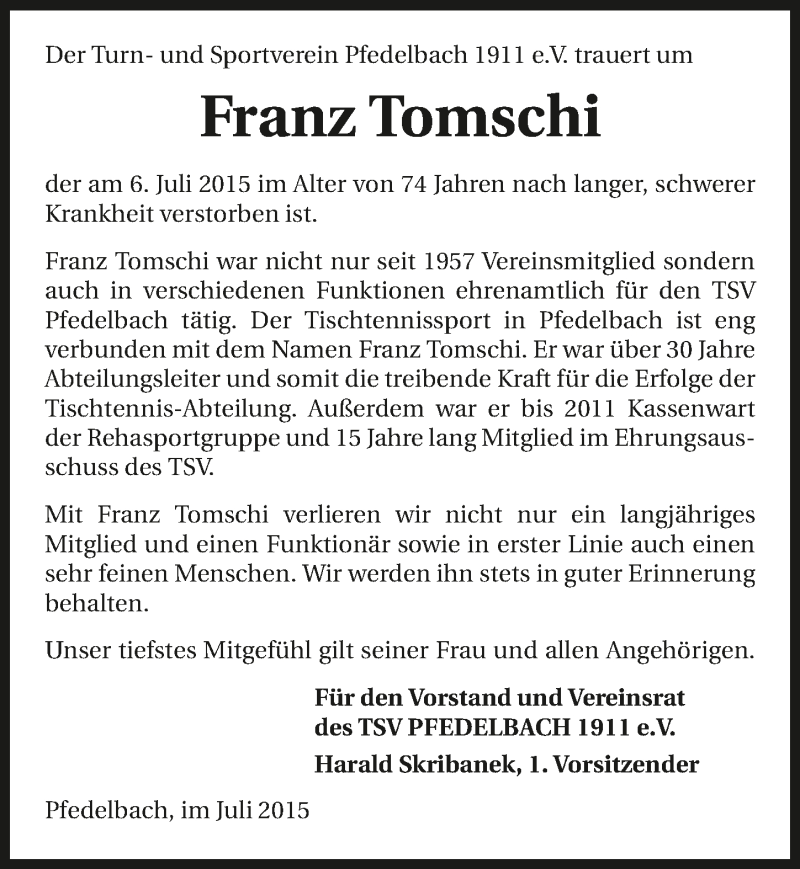  Traueranzeige für Franz Tomschi vom 15.07.2015 aus 