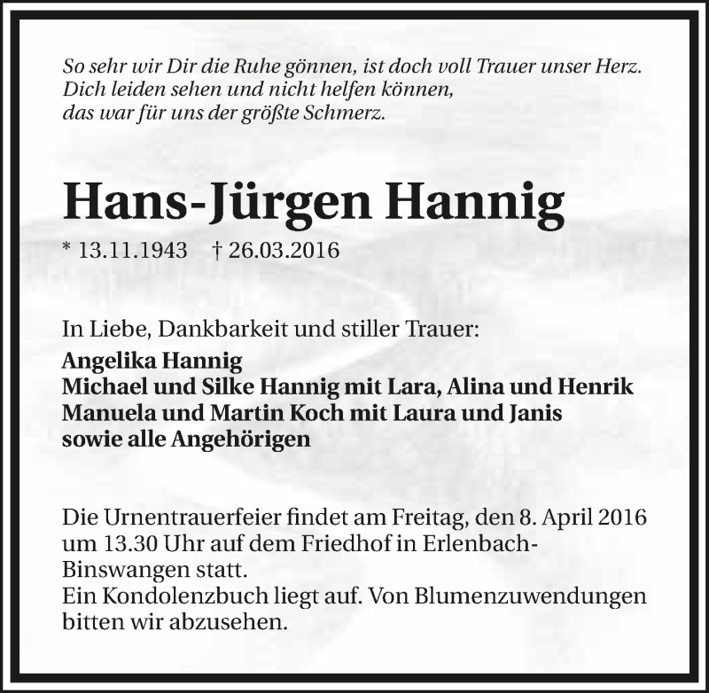 Traueranzeige für Hans-Jürgen Hannig vom 02.04.2016 aus 