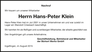 Traueranzeige von Hans-Peter Klein 