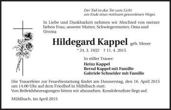Traueranzeige von Hildegard Kappel 