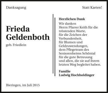 Traueranzeige von Frieda Geldenboth 