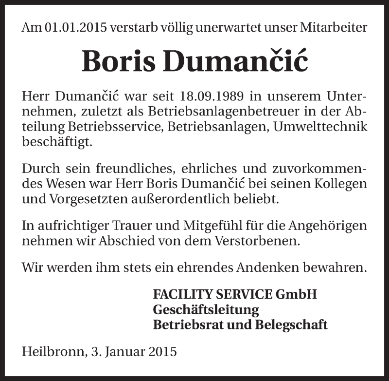  Traueranzeige für Boris Dumancic vom 03.01.2015 aus 