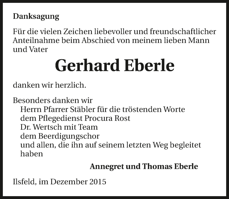  Traueranzeige für Gerhard Eberle vom 05.12.2015 aus 