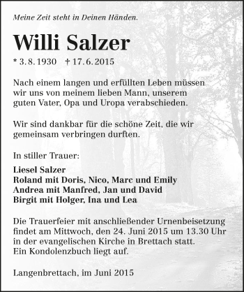 Traueranzeige von Willi Salzer 