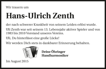 Traueranzeige von Hans-Ulrich Zenth 