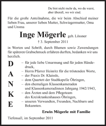 Traueranzeige von Inge geb. Lössner Mögeler 