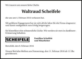 Traueranzeige von Waltraud Scheifele 