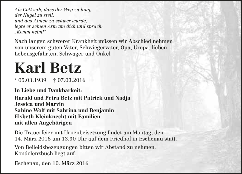  Traueranzeige für Karl Betz vom 10.03.2016 aus 
