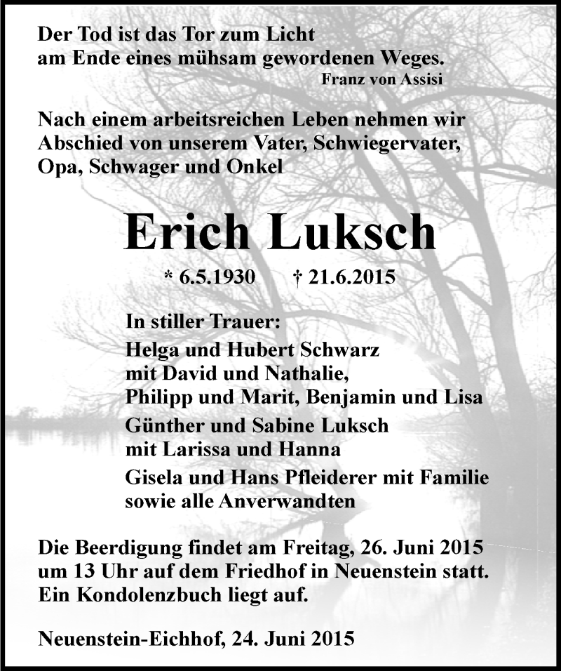  Traueranzeige für Erich Luksch vom 24.06.2015 aus 