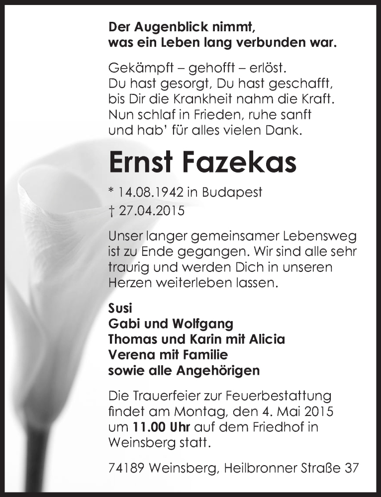  Traueranzeige für Ernst Fazekas vom 29.04.2015 aus 