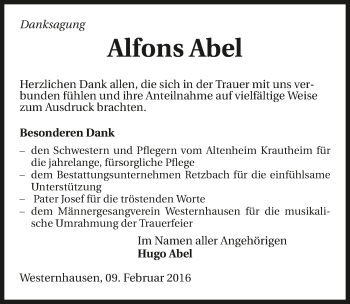 Traueranzeige von Alfons Abel 