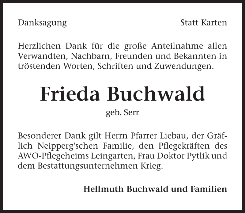 Traueranzeige für Frieda Buchwald vom 23.05.2015 aus 