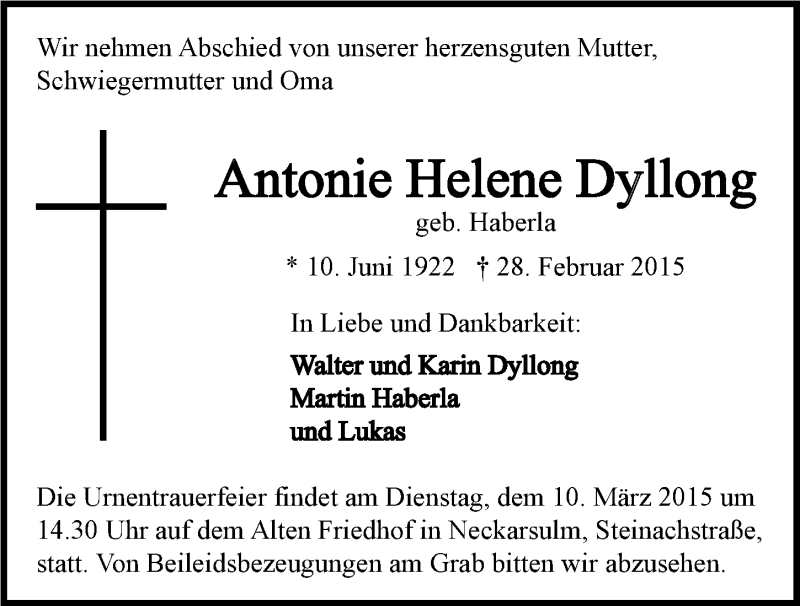  Traueranzeige für Antonie Helene Dyllong vom 07.03.2015 aus 