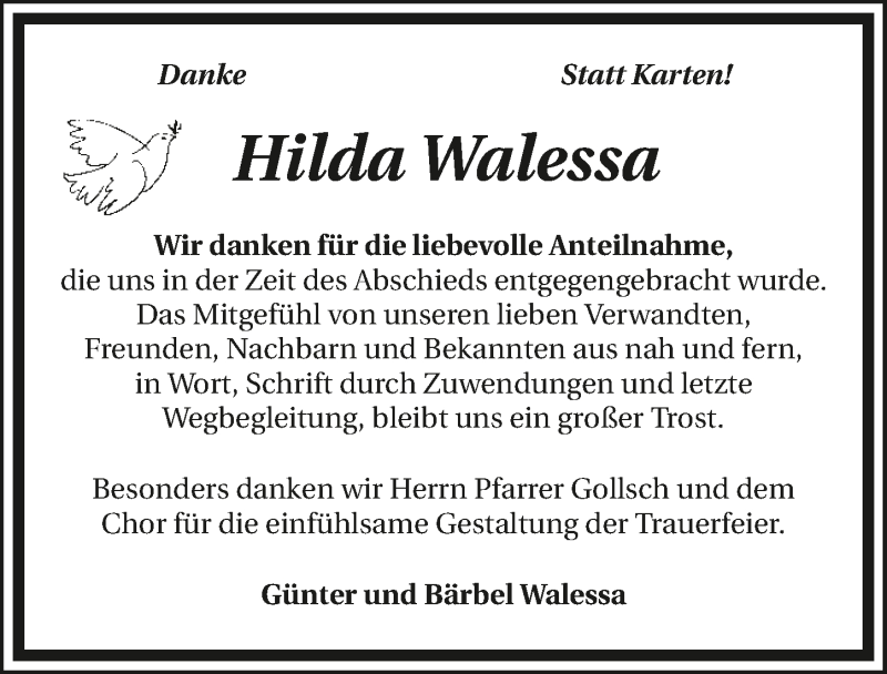 Traueranzeige für Hilda Walessa vom 22.04.2016 aus 