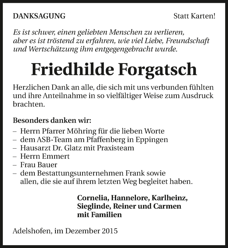  Traueranzeige für Friedhilde Forgatsch vom 12.12.2015 aus 