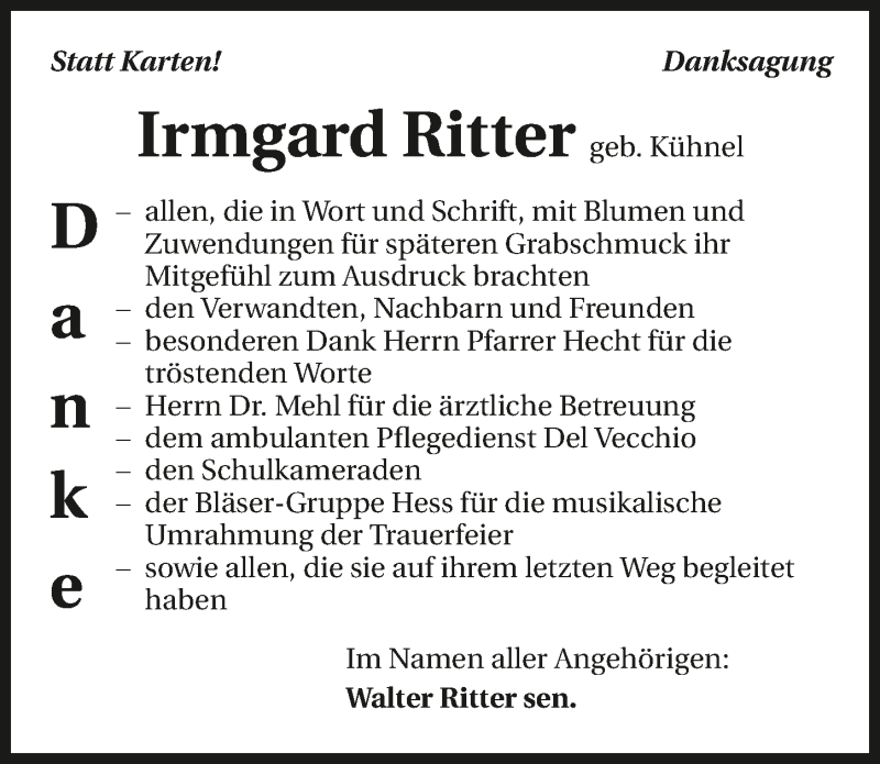  Traueranzeige für Irmgard Ritter vom 30.04.2016 aus 