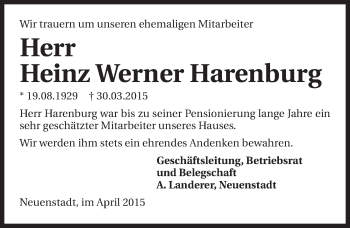 Traueranzeige von Heinz Werner Harenburg 
