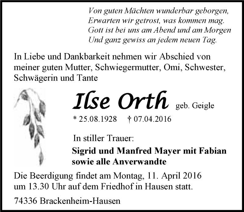  Traueranzeige für Ilse Orth vom 08.04.2016 aus 