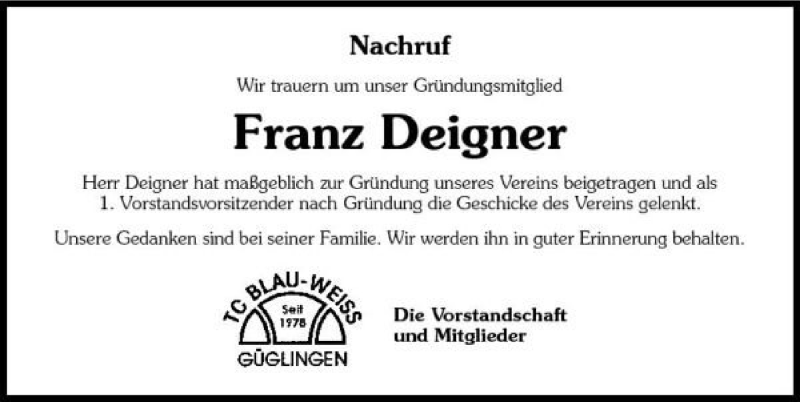  Traueranzeige für Franz Deigner vom 09.12.2010 aus 