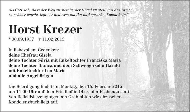  Traueranzeige für Horst Krezer vom 13.02.2015 aus 