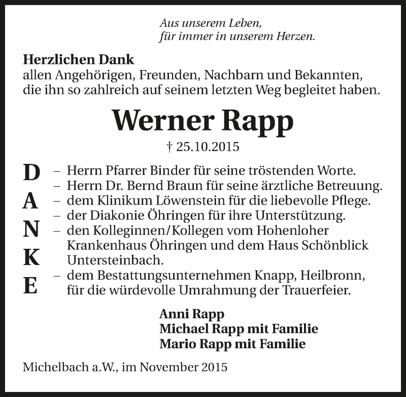  Traueranzeige für Werner Rapp vom 14.11.2015 aus 