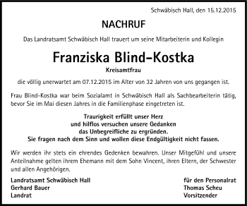 Traueranzeige von Franziska Blind-Kostka 