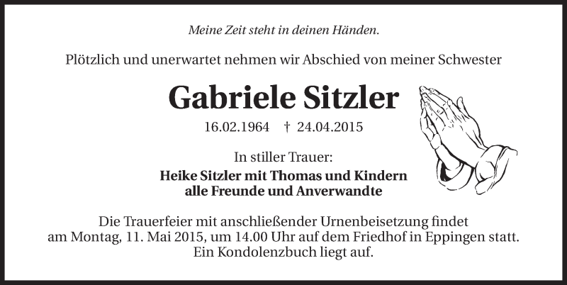  Traueranzeige für Gabriele Sitzler vom 06.05.2015 aus 