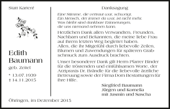 Traueranzeige von Edith Baumann 