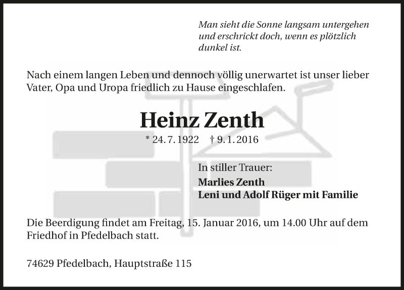  Traueranzeige für Heinz Zenth vom 13.01.2016 aus 