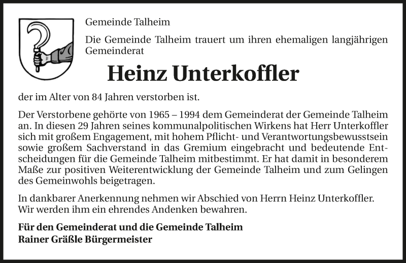  Traueranzeige für Heinz Unterkoffler vom 13.06.2015 aus 