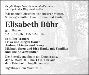 Traueranzeige von Elisabeth Bühr 