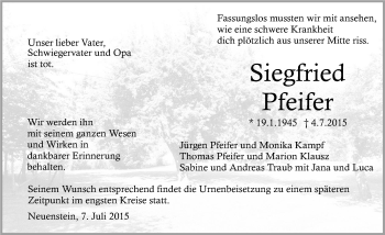 Traueranzeige von Siegfried Pfeifer 