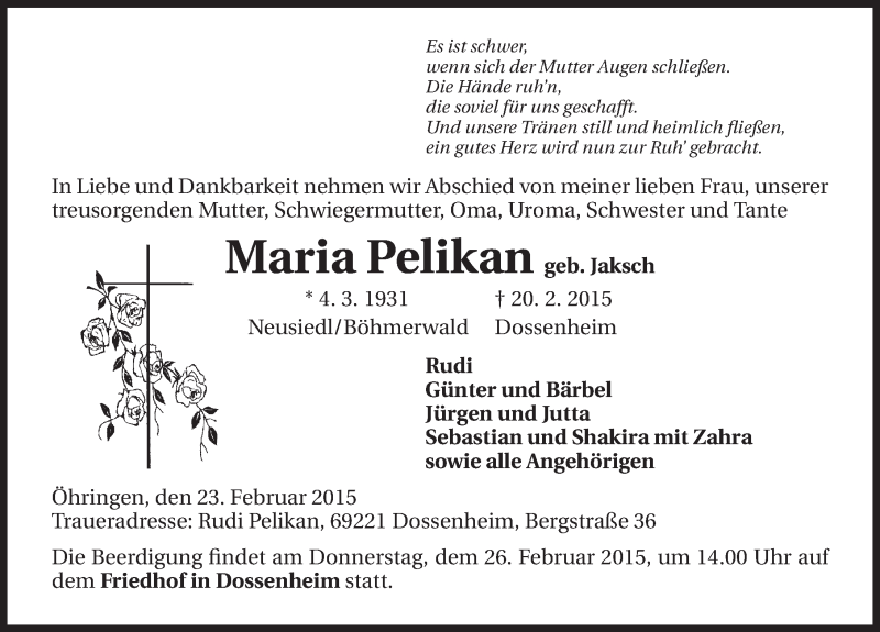  Traueranzeige für Maria Pelikan vom 23.02.2015 aus 