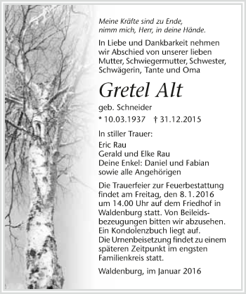 Traueranzeige von Gretel Alt 